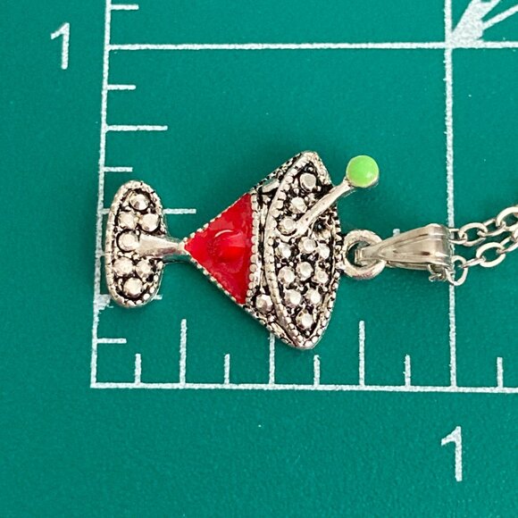 Martini Cocktail Drink Cup Glass Charm Necklace Pendant Red Enamel 18" Chain - Picture 9 of 9